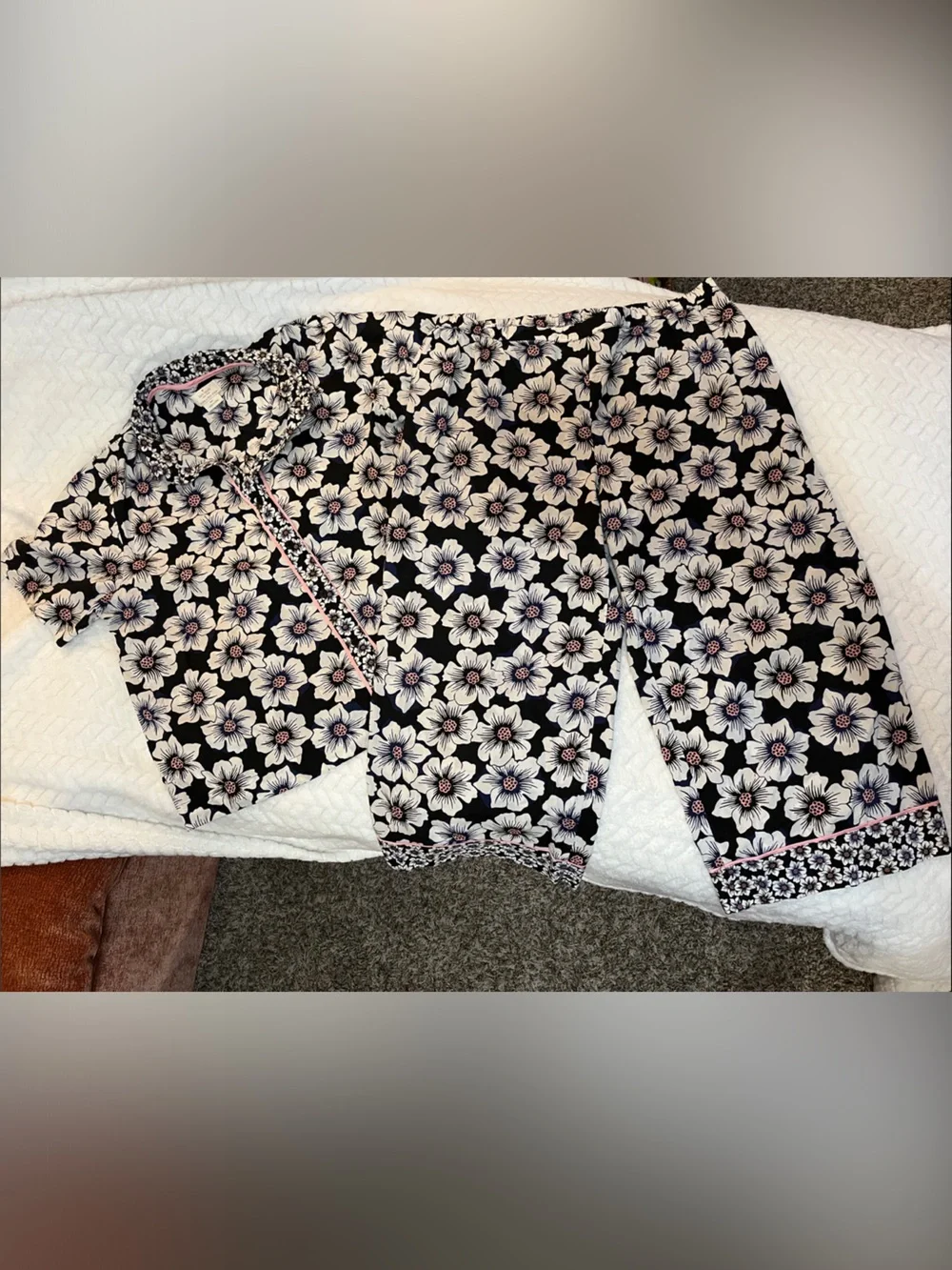 kate spade Black Floral Pajama Set with White and Pink Accents